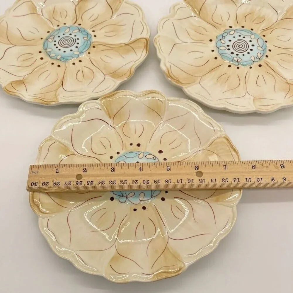 Three Pier 1 Cassidy Salad Dessert Plates Crème (Cream) With Blue Flower‎ 7.5